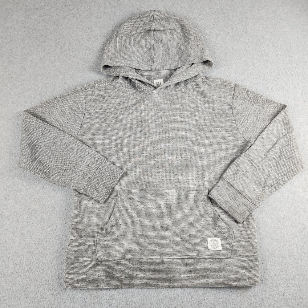 Gap Kids Hoodie L 10-12 Gray Marled Waffle Knit Long Sleeve Regular Fit Pullover